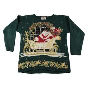 VTG Christmas Sweater Santa Womens Sz M Tiara Int. Crochet Beaded Ugly Party